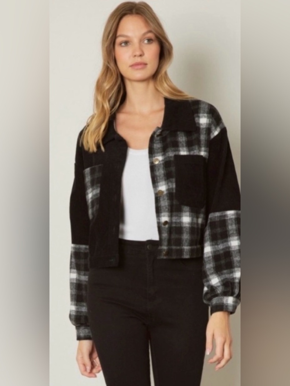 🖤New Black Corduroy And Plaid Colorblock
Cropped Women's Bomber Jacket🖤